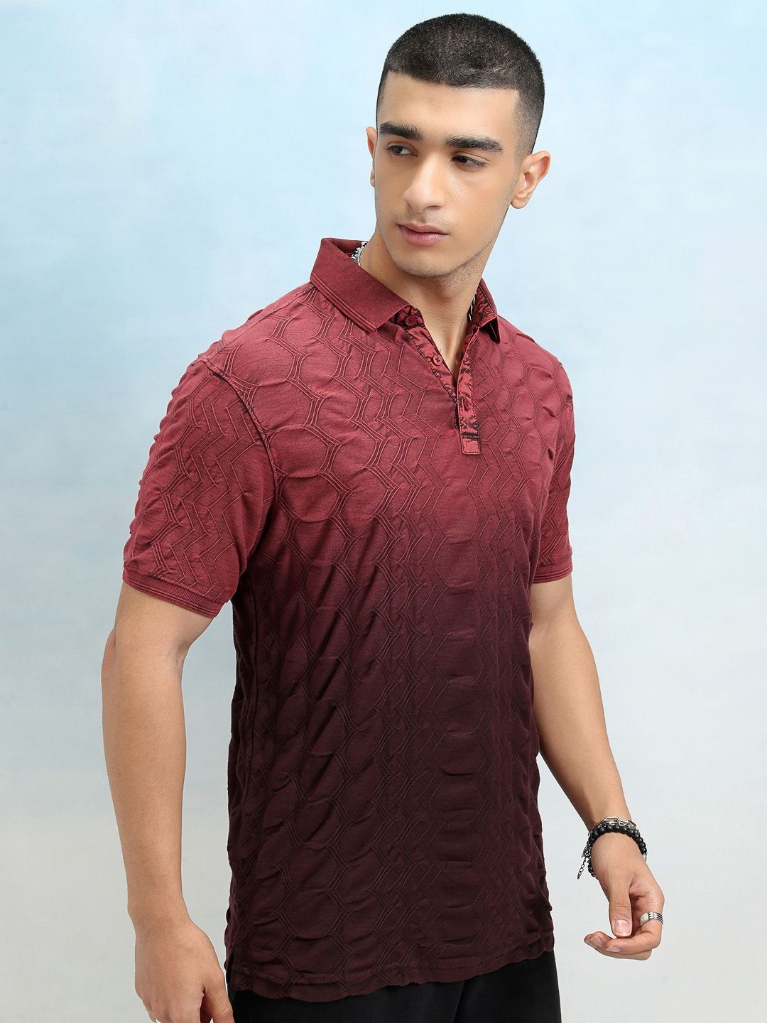 HIGHLANDER Men Self Design Polo Collar Cotton Slim Fit T-shirt