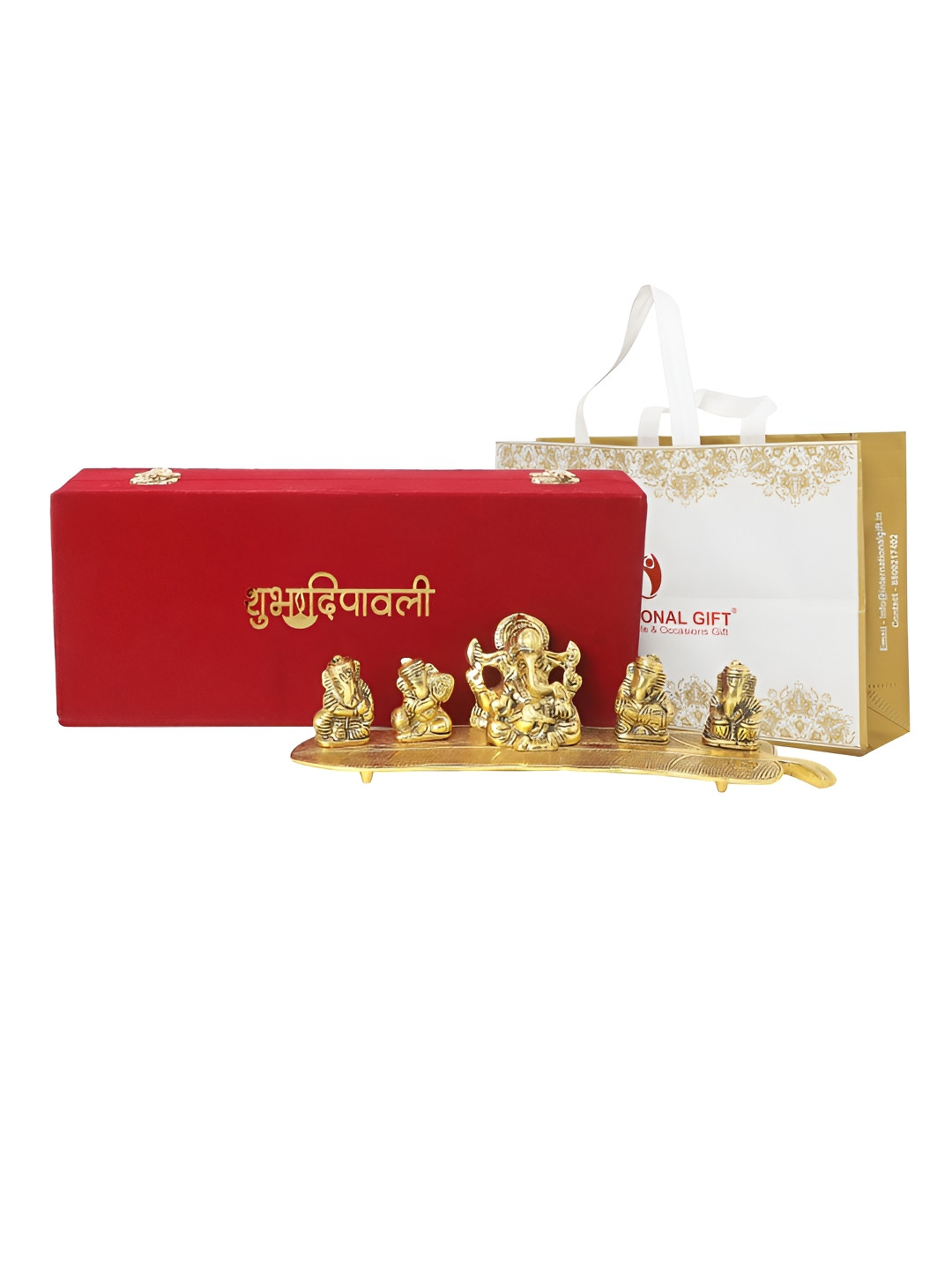 INTERNATIONAL GIFT Musical Ganesh with Happy Diwali Tag and Box Gold Metal Metallic Prayer Room Tiny Showpiece - 2.6 Inches