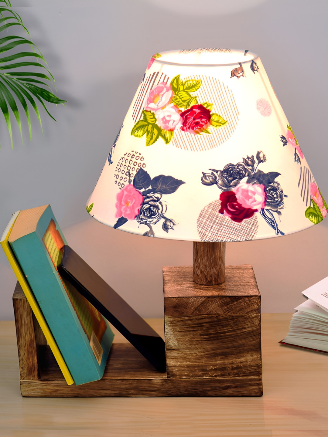 Homesake White & Red Printed Frustum Wodden Rustic Book Shelf Table Lamp with Bulb