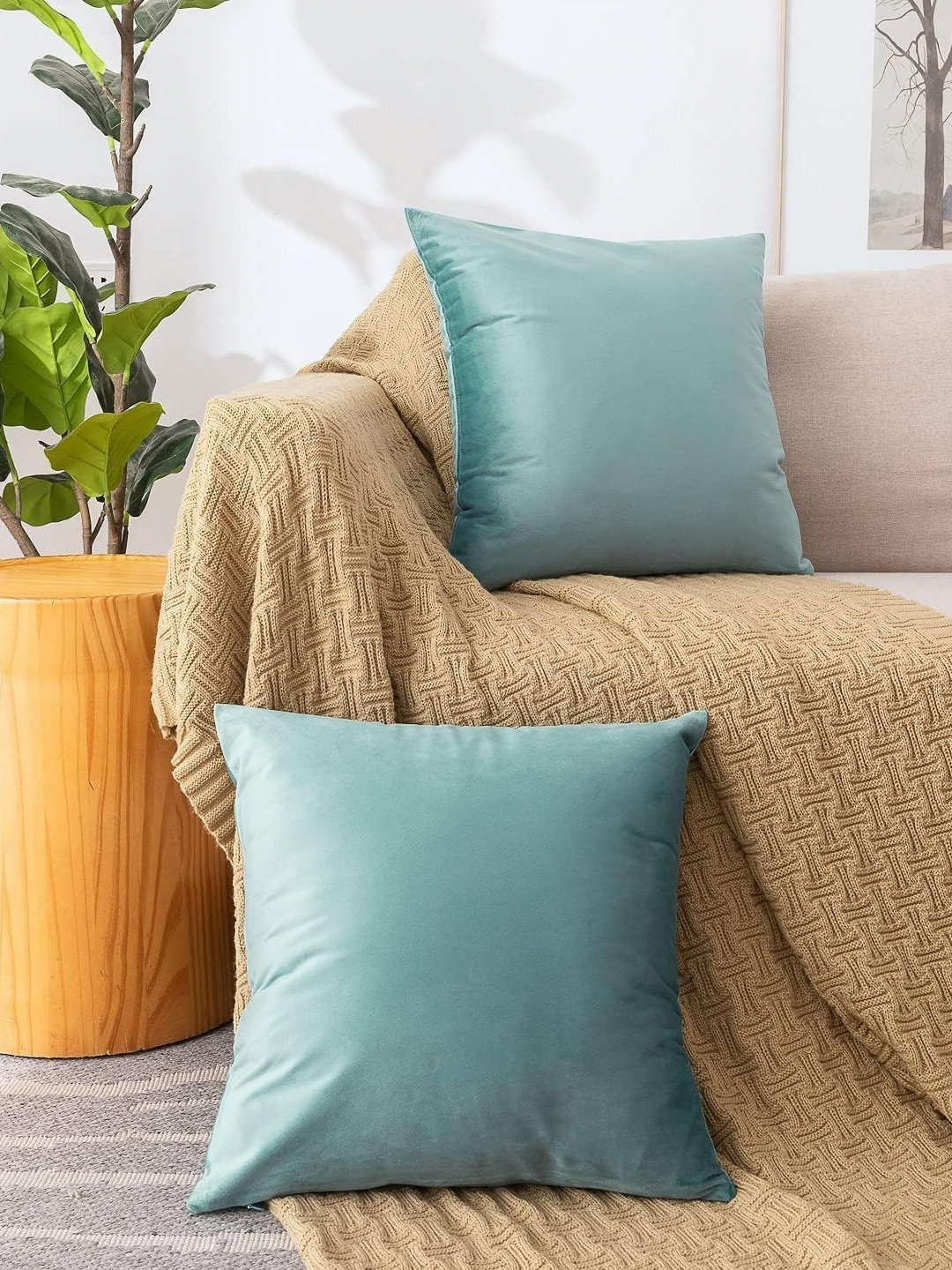 RRC Turquoise Blue Velvet Durable 2 Piece Square Cushion Covers - 24 x 24 Inches