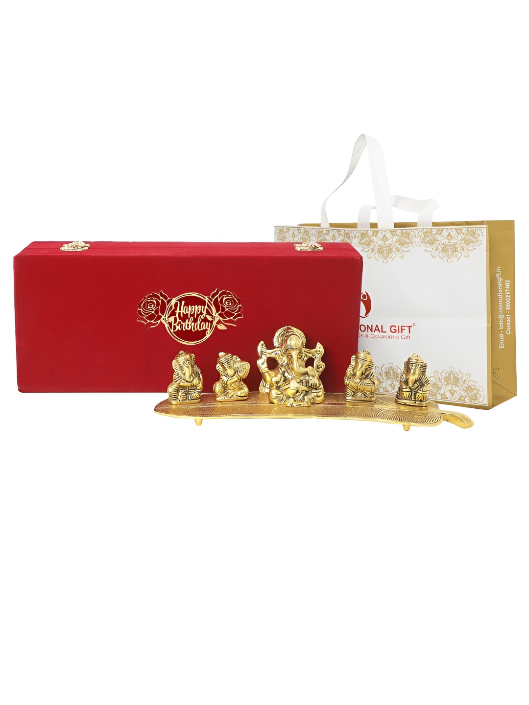INTERNATIONAL GIFT Musical Ganesh God with Birthday Tag and Box Gold Metal Metallic Prayer Room Music Tiny Showpiece - 2.6 Inches
