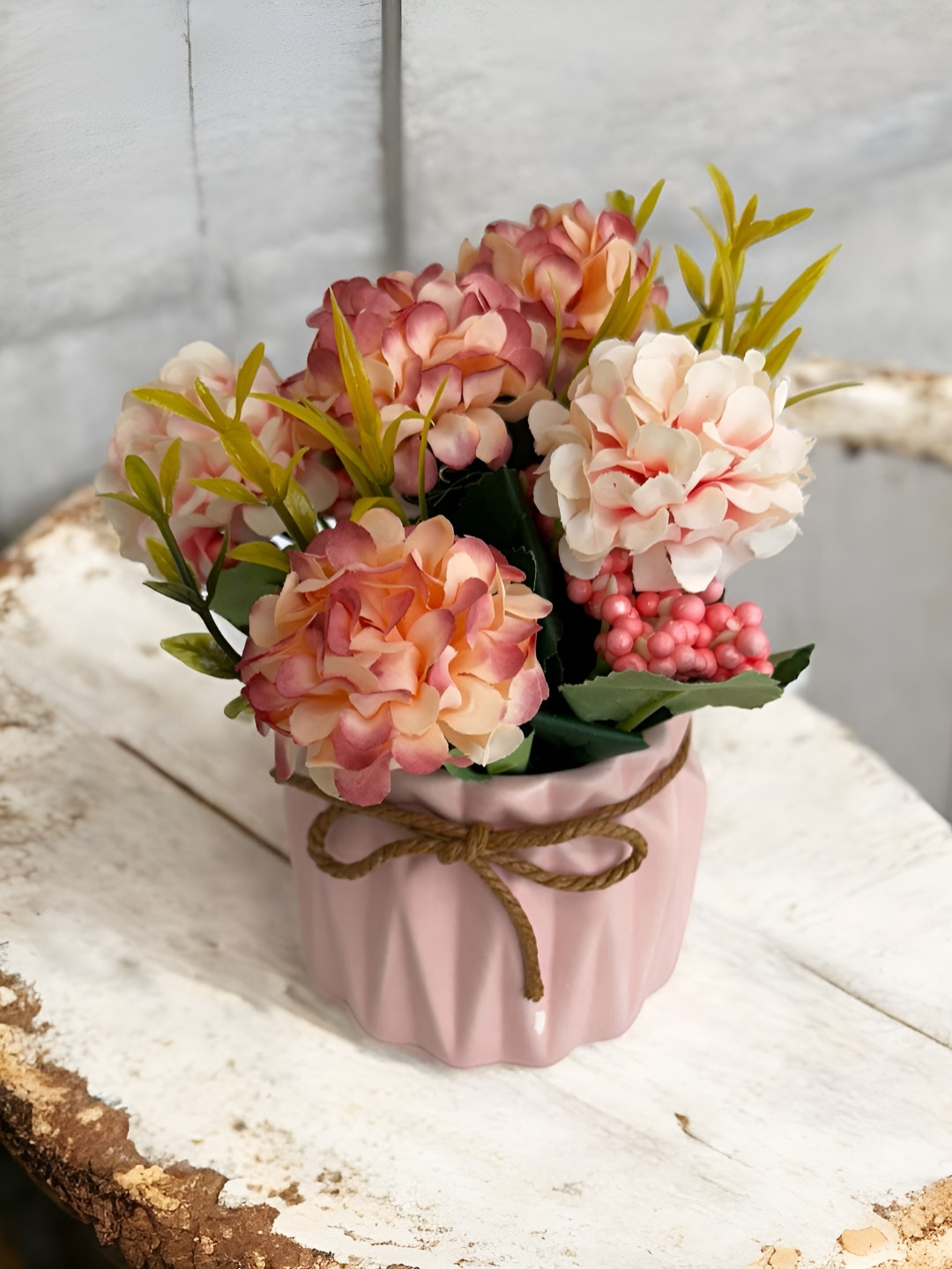 Art Street White & Pink Artificial Hydrangea Bouquet With Ceremic Vase