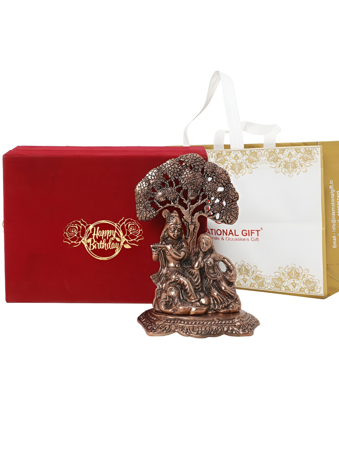 INTERNATIONAL GIFT Shree Radha Krishna with Birthday Tag and Box Copper Metal Metallic Prayer Room Small Showpiece - 7.1 Inches
