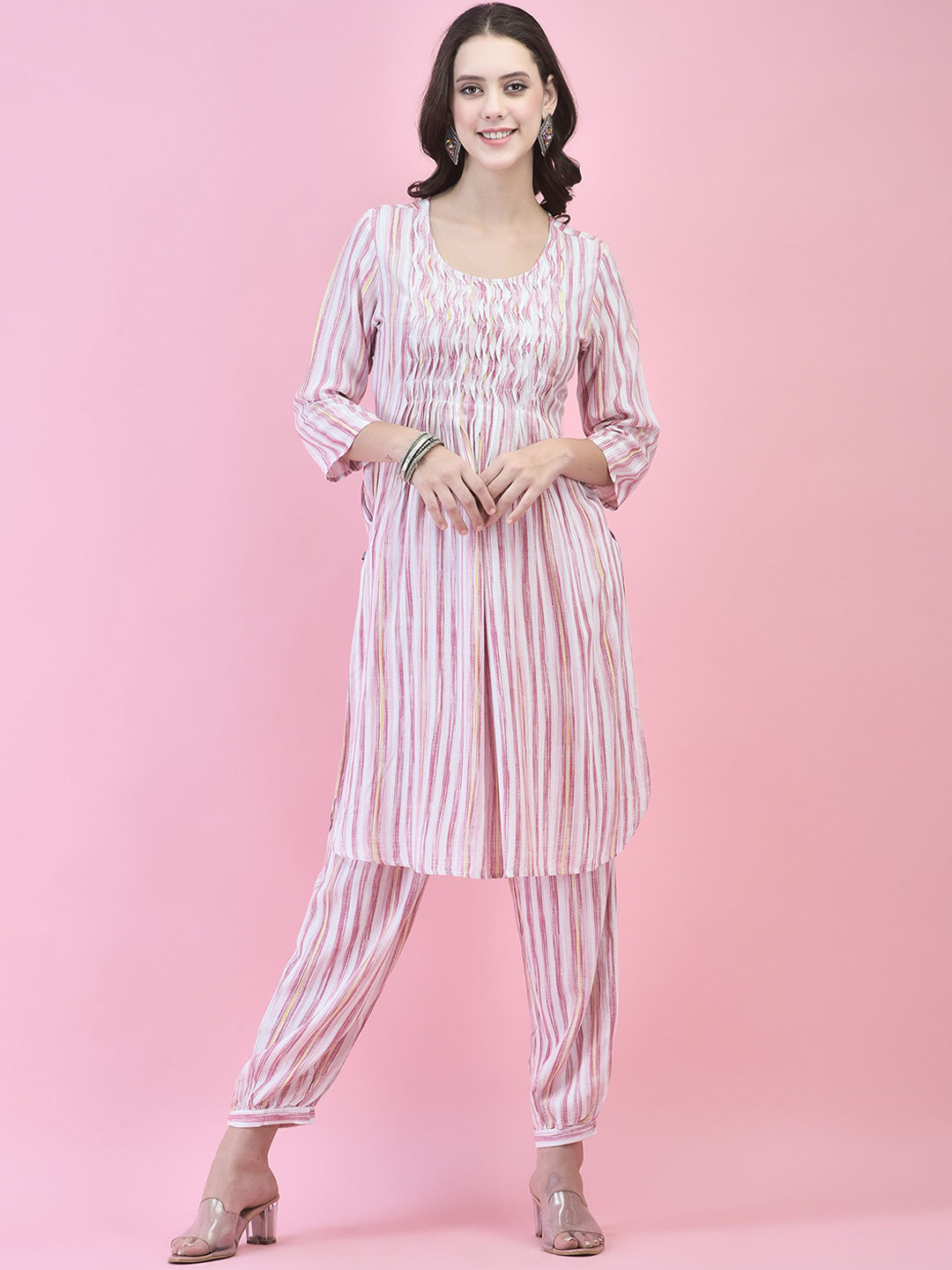 Shree Women Striped Regular Liva Kurta with Harem Pants