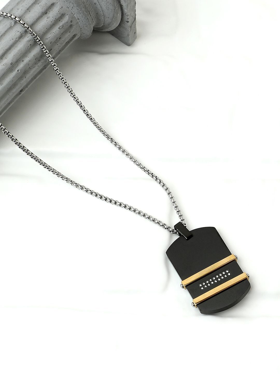 French Accent Men Silver-Plated The Lined Plate Contemporary Pendants With Chains