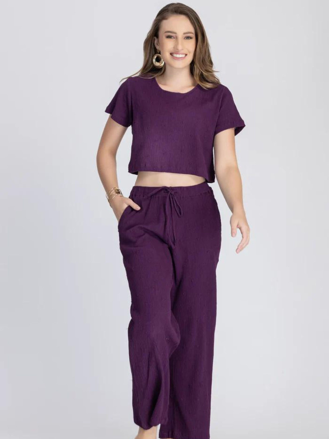 DESIGNS BY QUEEN BEE Crinkled Pure Cotton Crop-Top With Trousers