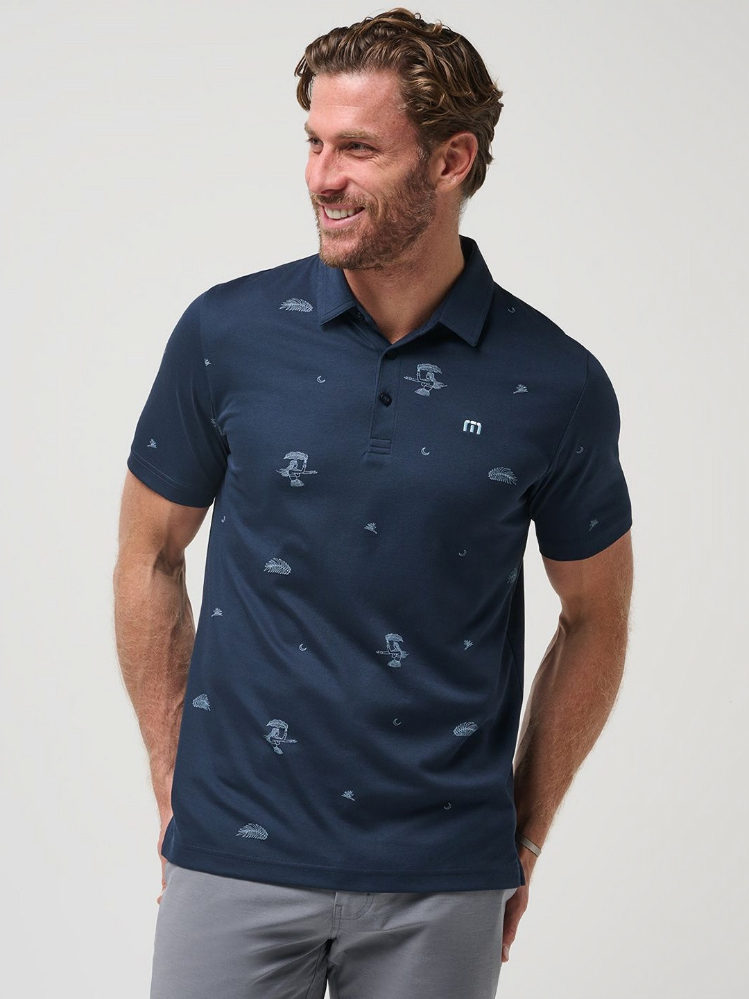 TRAVIS MATHEW Men Conversational Printed Polo Collar Cotton T-shirt