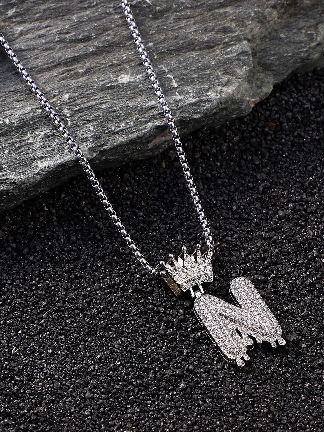 French Accent Men Silver-Plated Alphabet-N Pendant with Chain