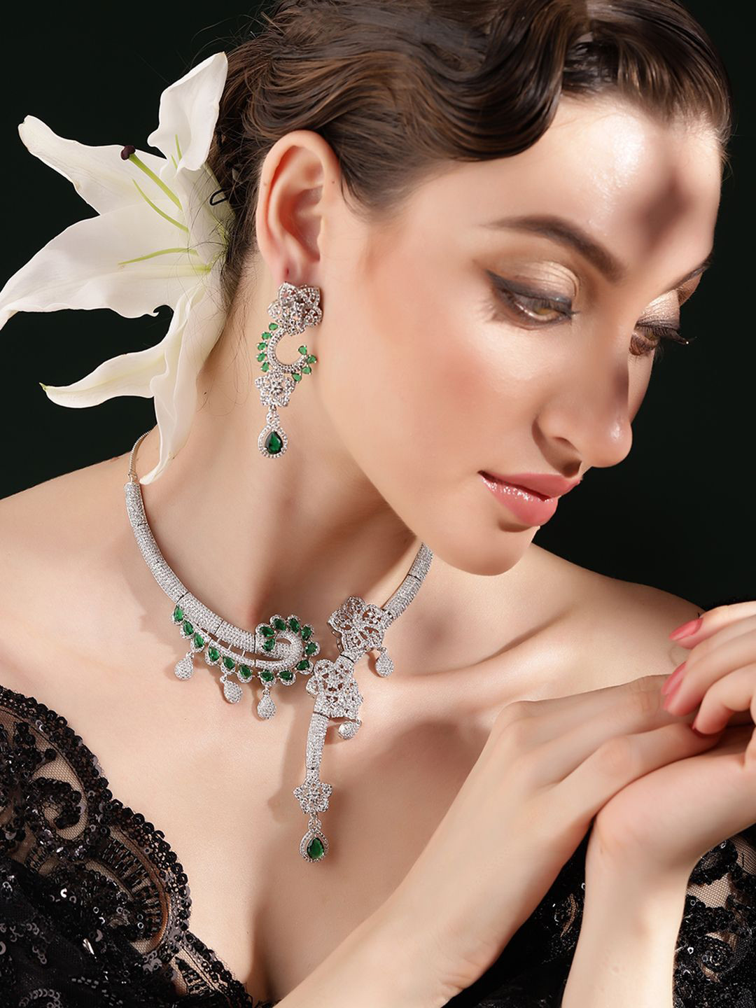 Priyaasi Royal Emerald Floral American Diamond Stone Studded Jewellery Set