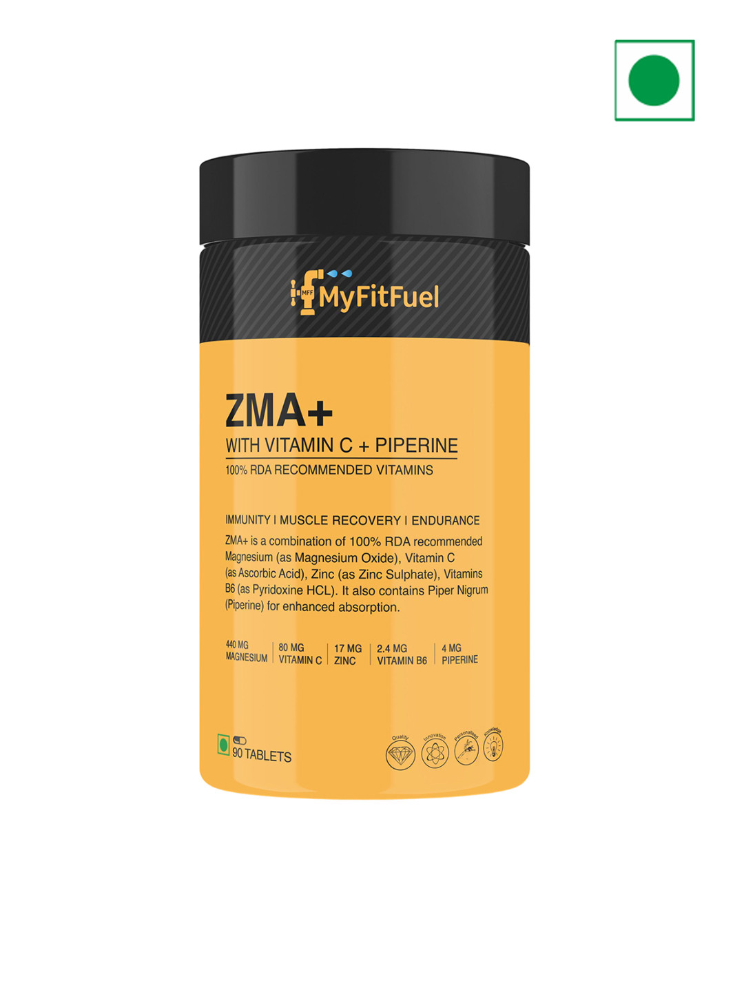 MyFitFuel ZMA+ Zinc, Magnesium, Vitamin B6, Vitamin C & Piperine 95%- 90 Capsules