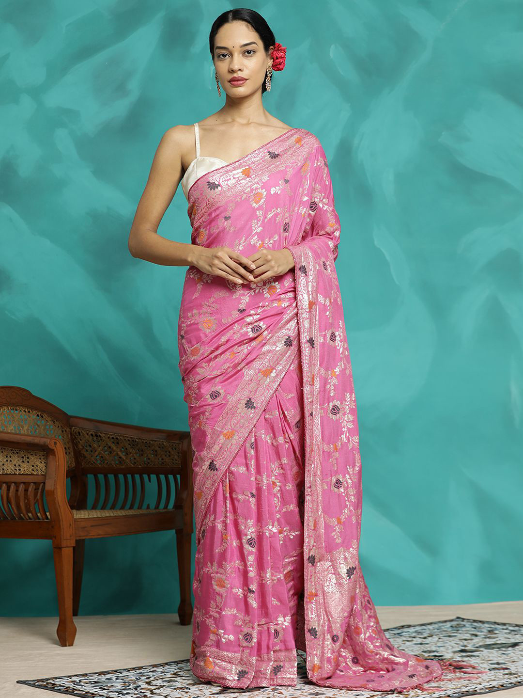 Jaipur Kurti Floral Zari Woven Heavy Banarasi Saree