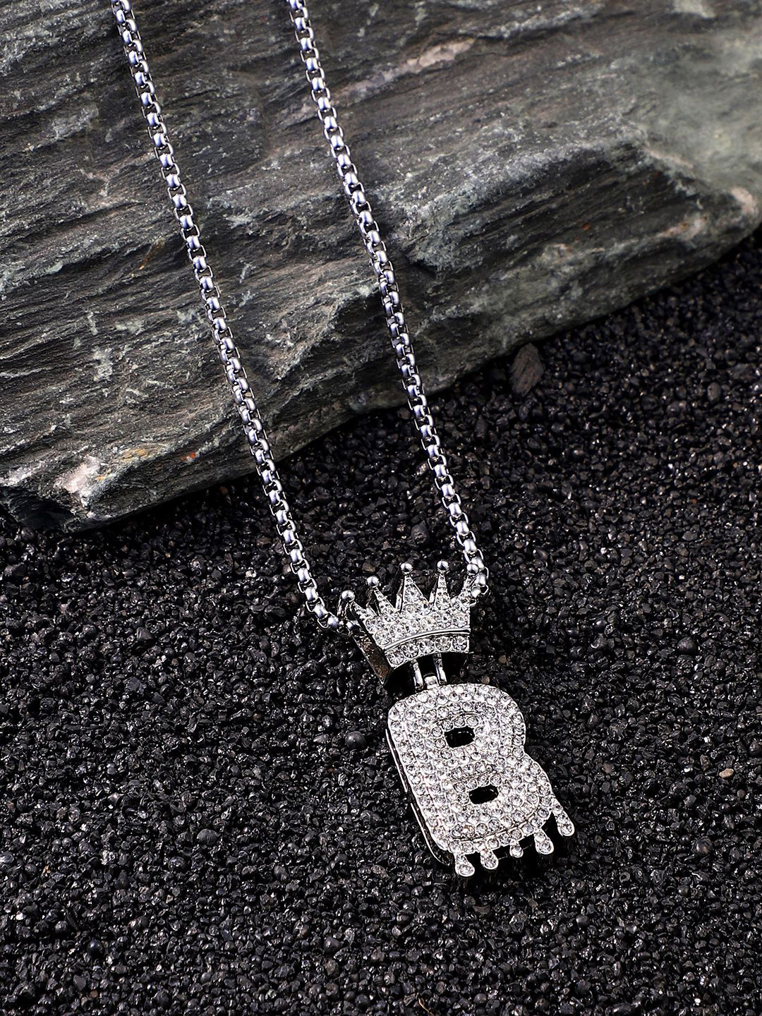 French Accent Men Silver Plated Stone Studded Alphabet B Pendant Comes With Chain