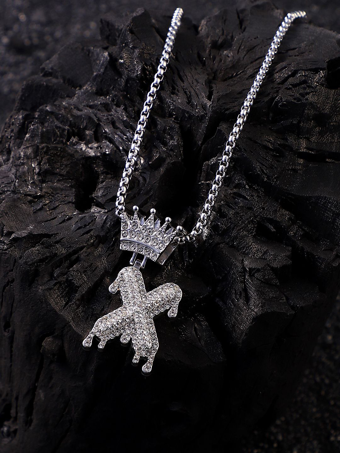 French Accent Men Silver-Plated Stone-Studded Alphabet X Pendant With Chain