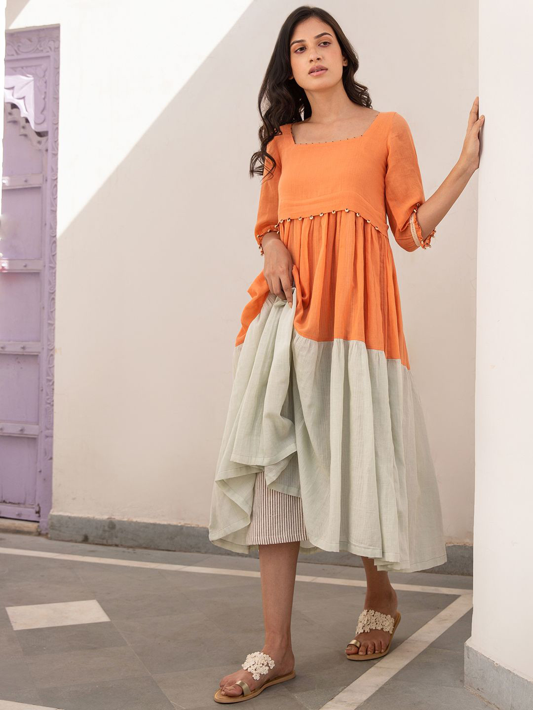 The Yellow Bow Colourblocked Fit and Flare Midi Dress