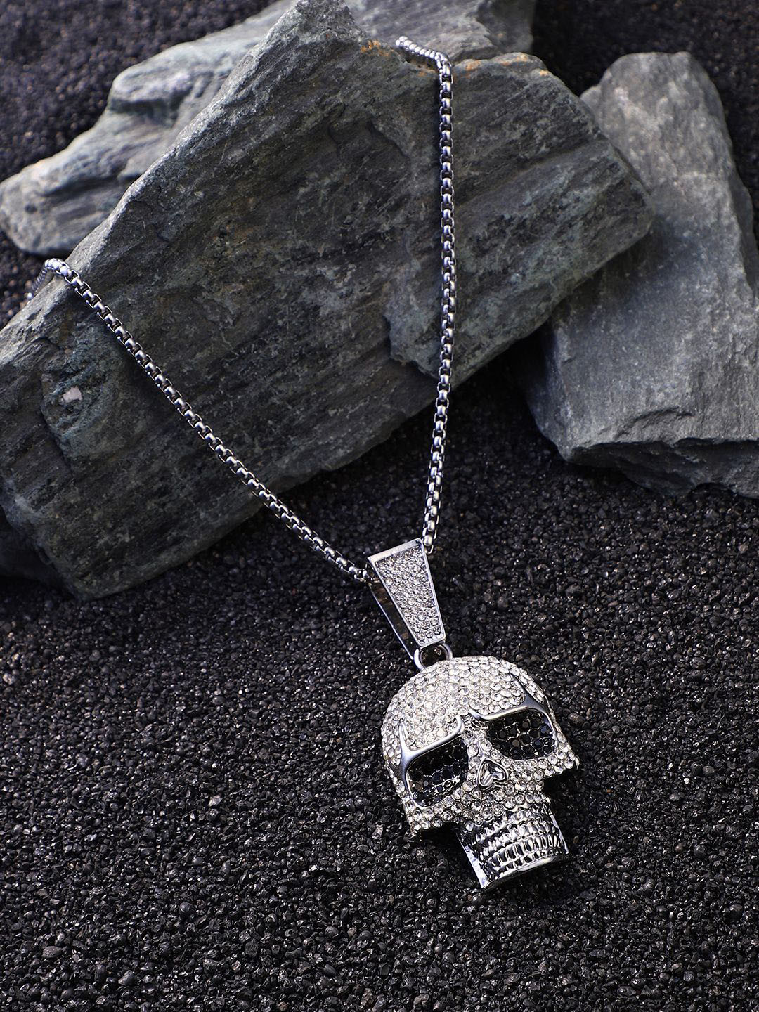 French Accent Men Silver-Plated Stone Studded Bling Skull Pendant With Chain