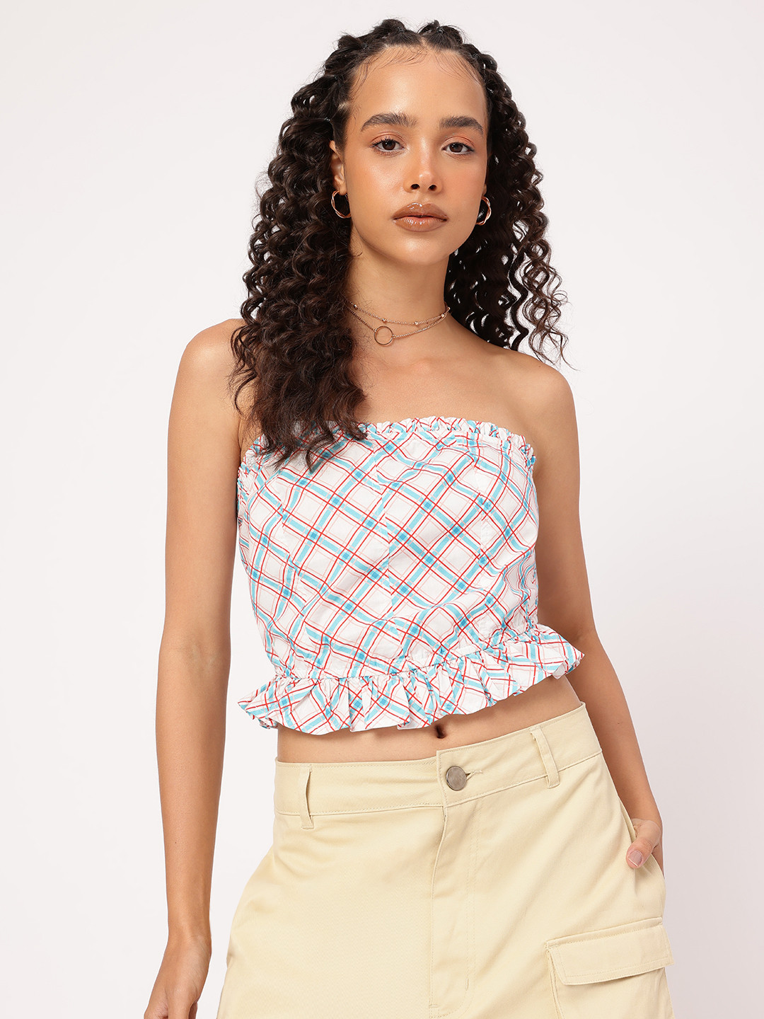 DressBerry Plaid Ruffled Crop Bardot Top