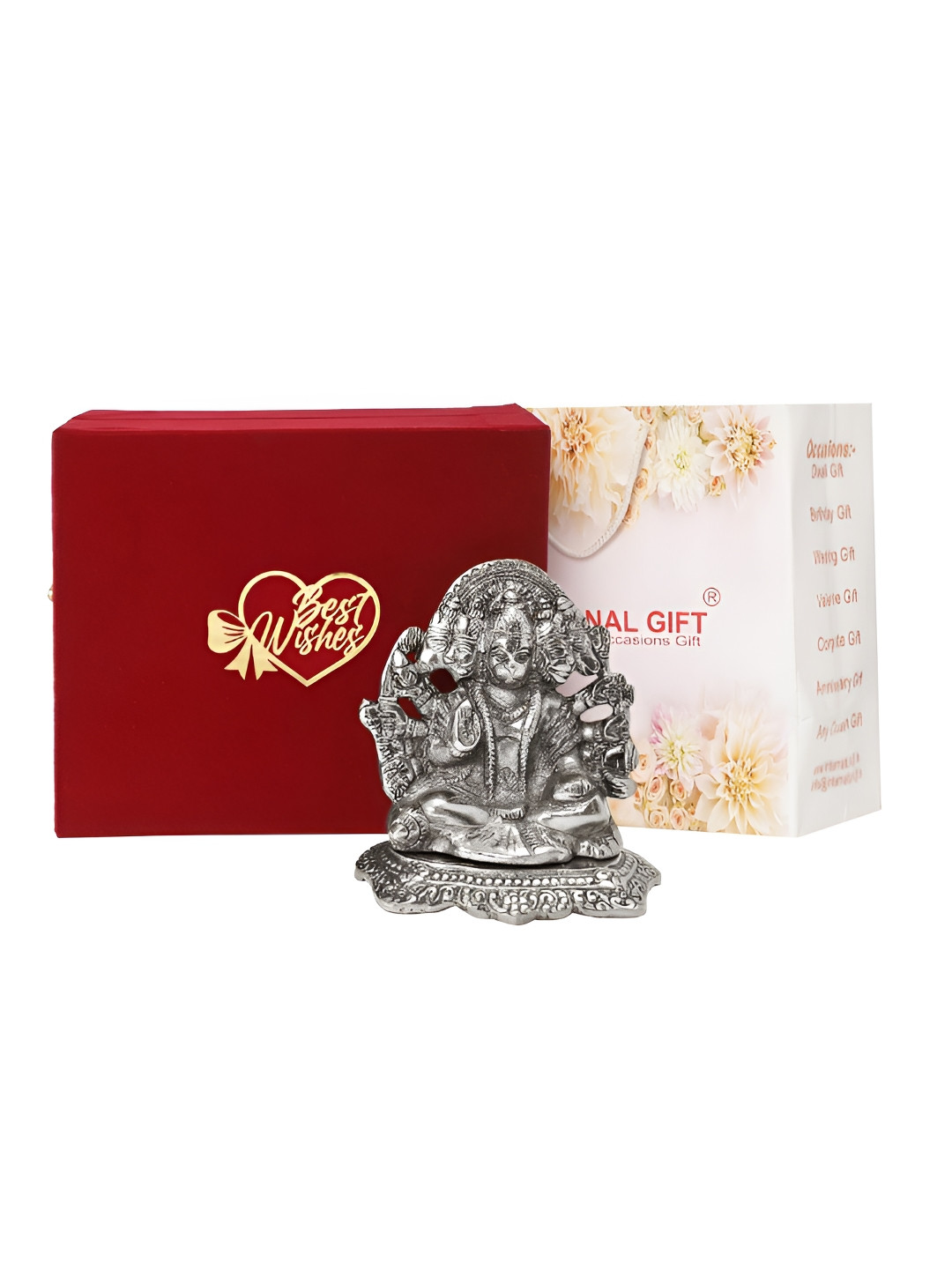 INTERNATIONAL GIFT Panchmukhi Hanuman God with Best Wishes Tag and Box Silver Brass Metallic Prayer Room Medium Showpiece - 5.5 Inches