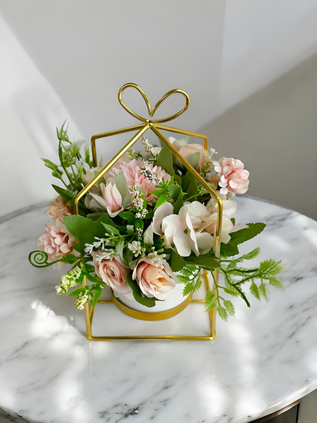 Art Street White Artificial Rose & Blossom Silk Flowers with Metal Floral & Ceramic Vase