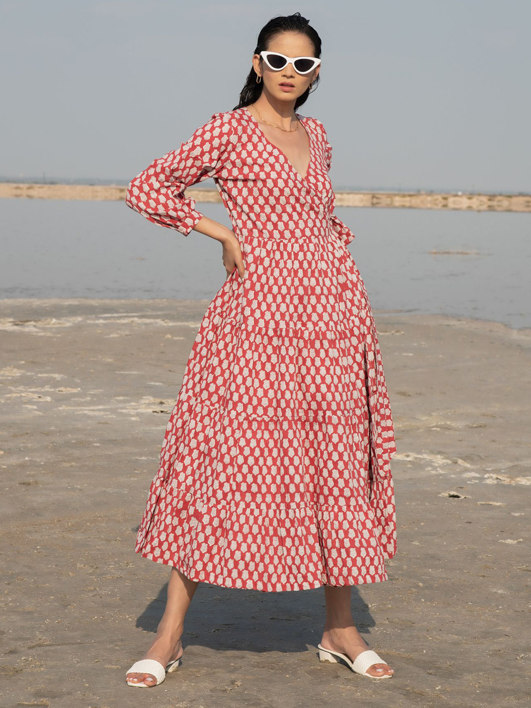 MARCHE Floral Printed Puff Sleeve Wrap Midi Dress