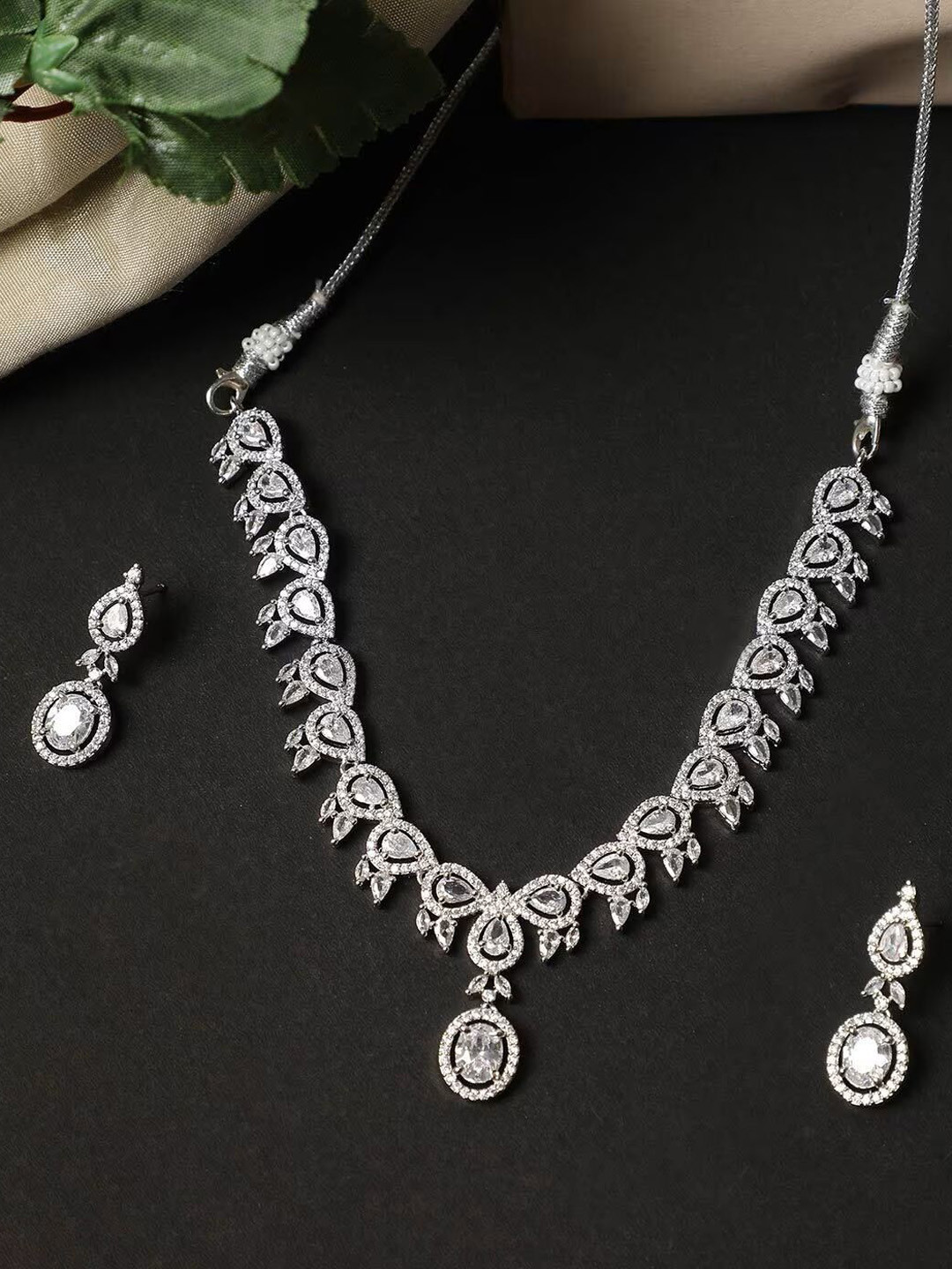 Ladymania Silver-Plated AD Stone Studded Necklace and Earrings