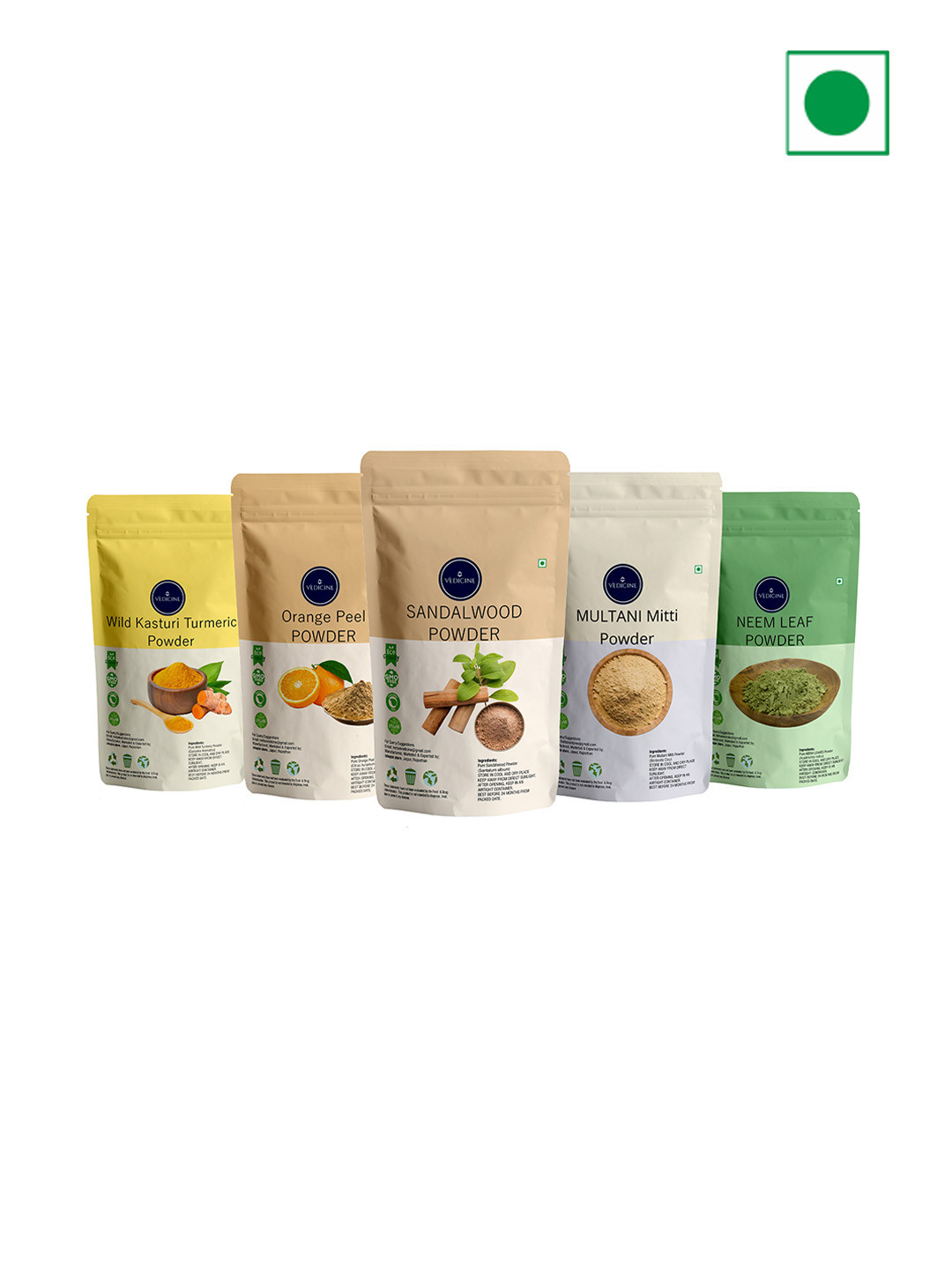 VEDICINE Set Of 5 Turmeric Orange Sandalwood Multani Mitti Neem Leaf Face Pack 75 g Each