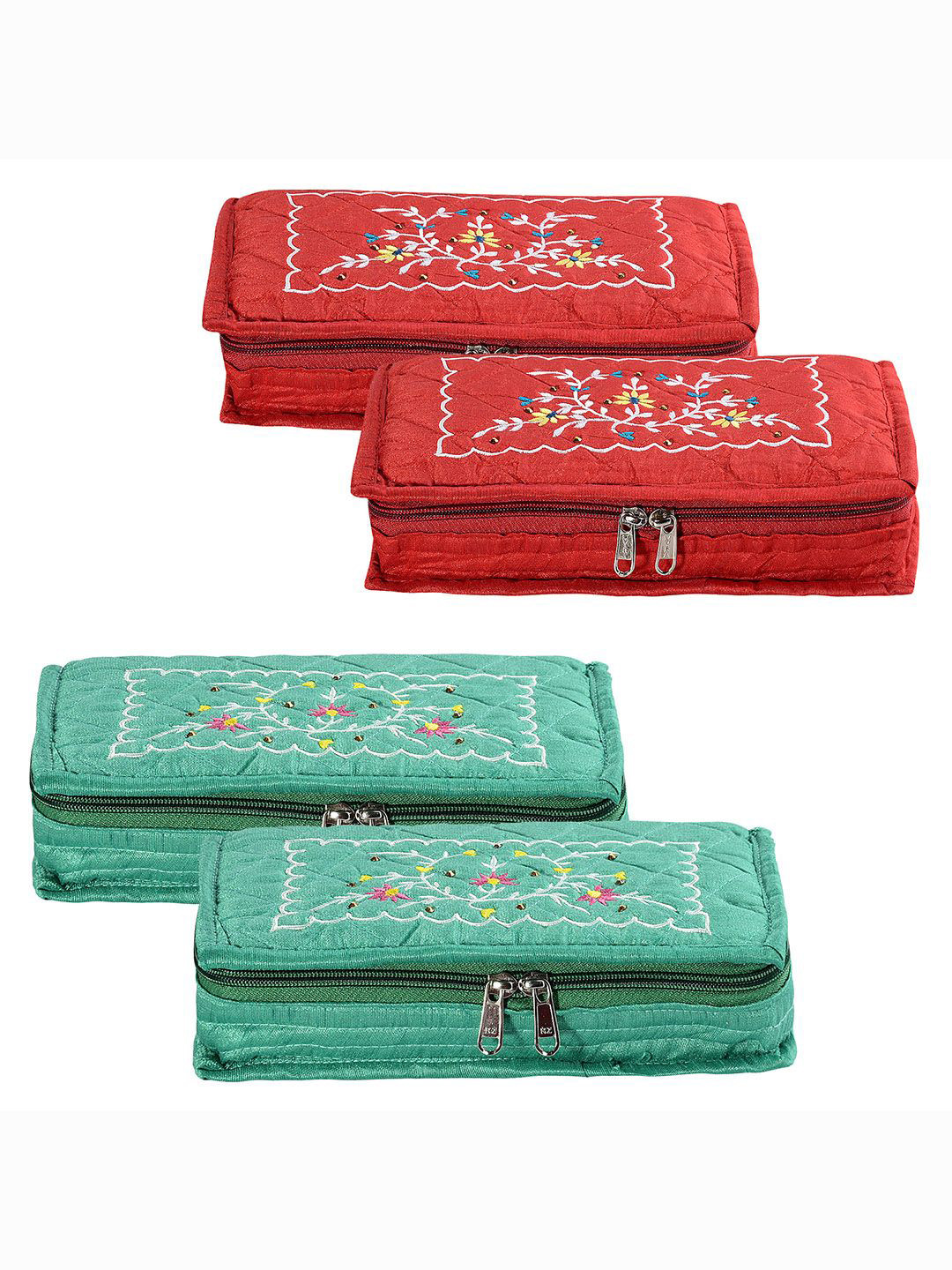 Kuber Industries Red & Green 4 Pieces 7 Pouch Embroidery Jewellery Organisers