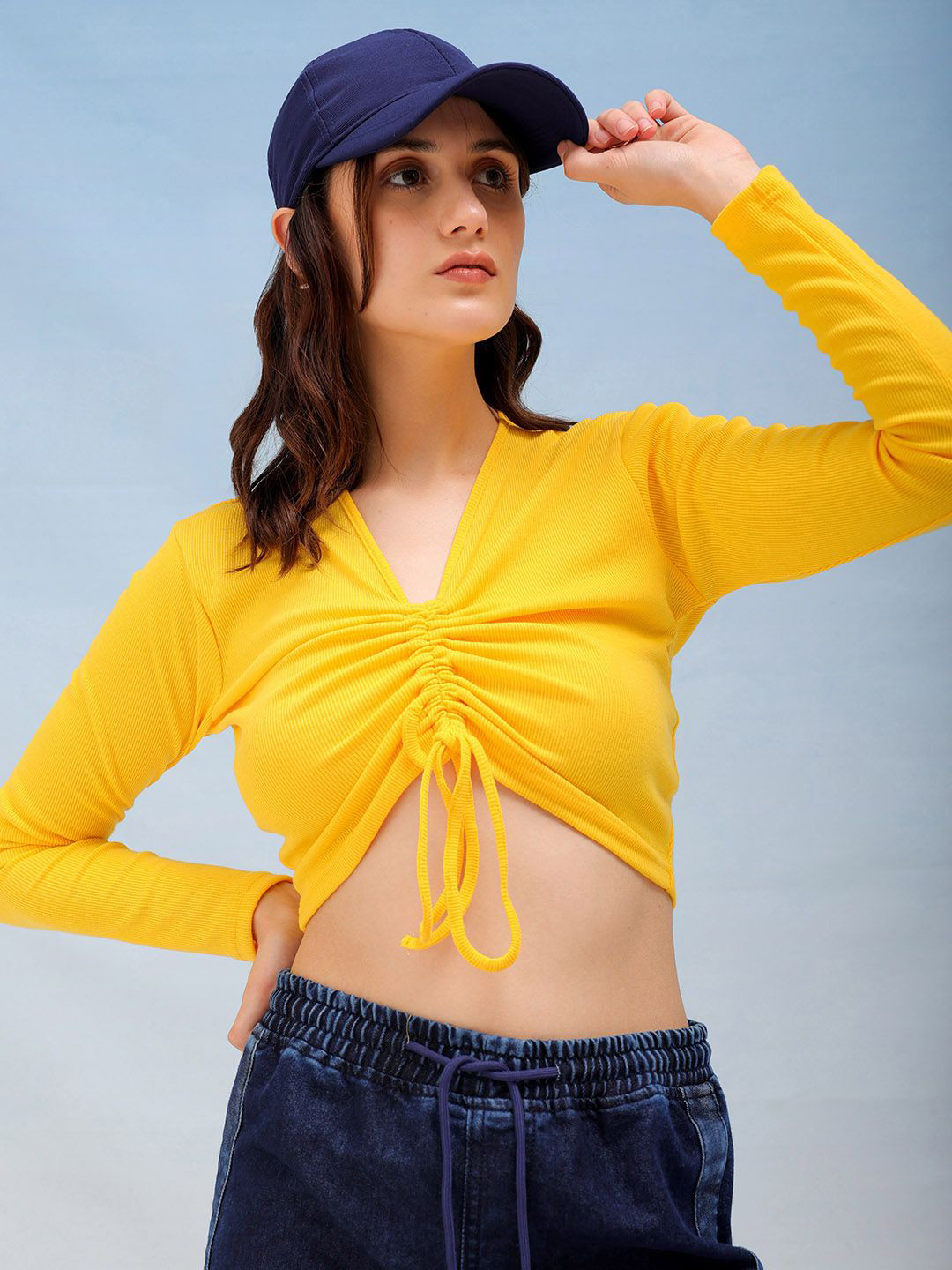 Freehand by The Indian Garage Co Women Solid Ruched V-Neck  Top