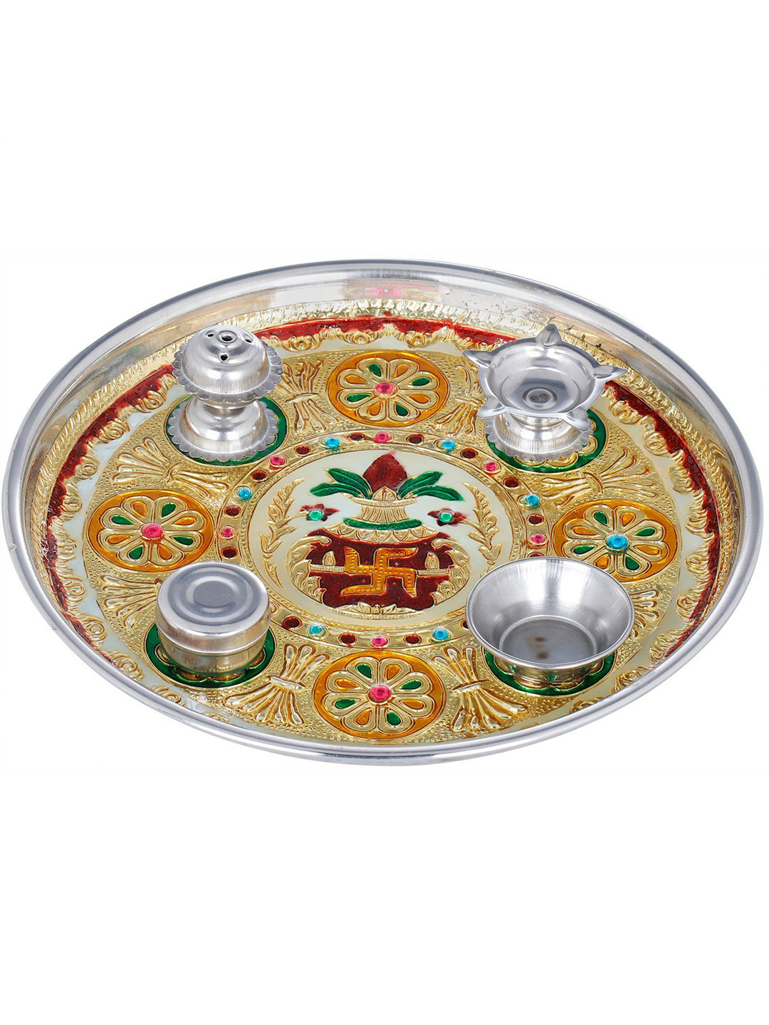 Exotic India Small Puja Thali with Attached Puja Vessels