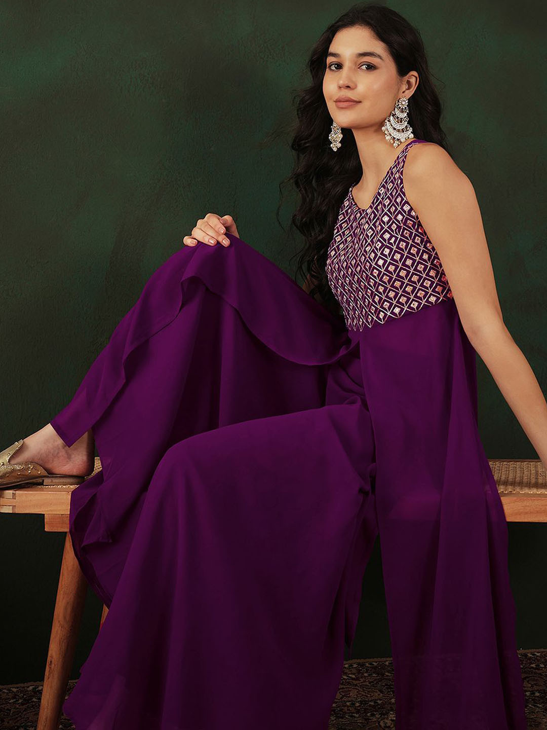 Sangria Magenta Geometric Embroidered High Slit A-Line Kurta With Trouser