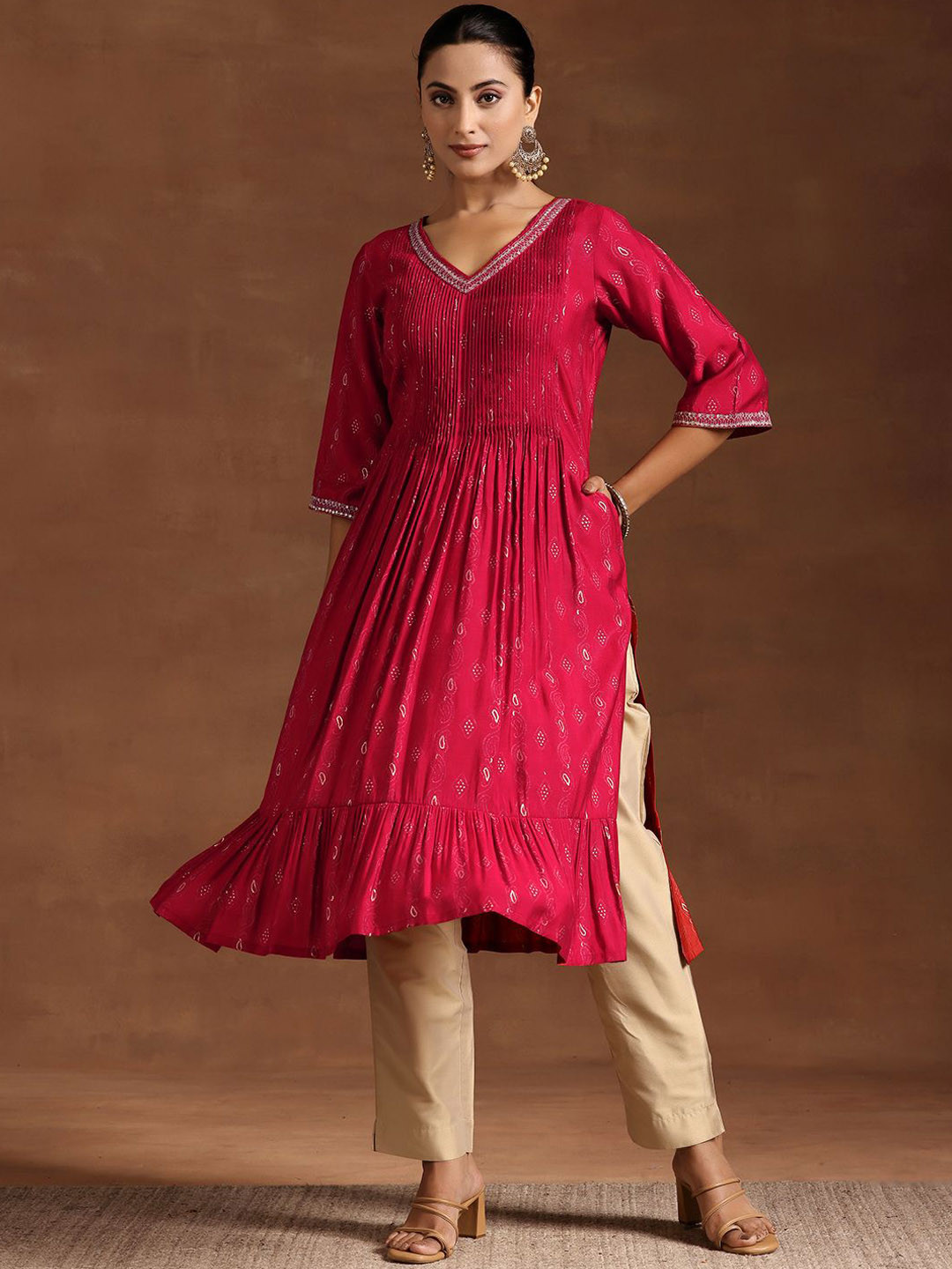 Libas Red Ethnic Motifs Printed Pintuck Flared Sleeves Layered Ruffles Zari A-Line Kurta