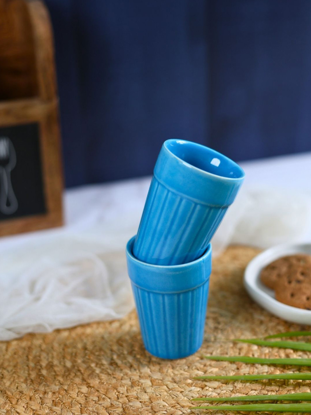 WEAVING HOMES New Modern Design Blue Textured Ceramic Handmade 2 Piece Kulladhs-150ml