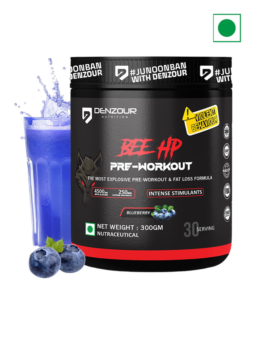 DENZOUR NUTRITION BEE HP Pre-Workout-Blueberry-300 gms