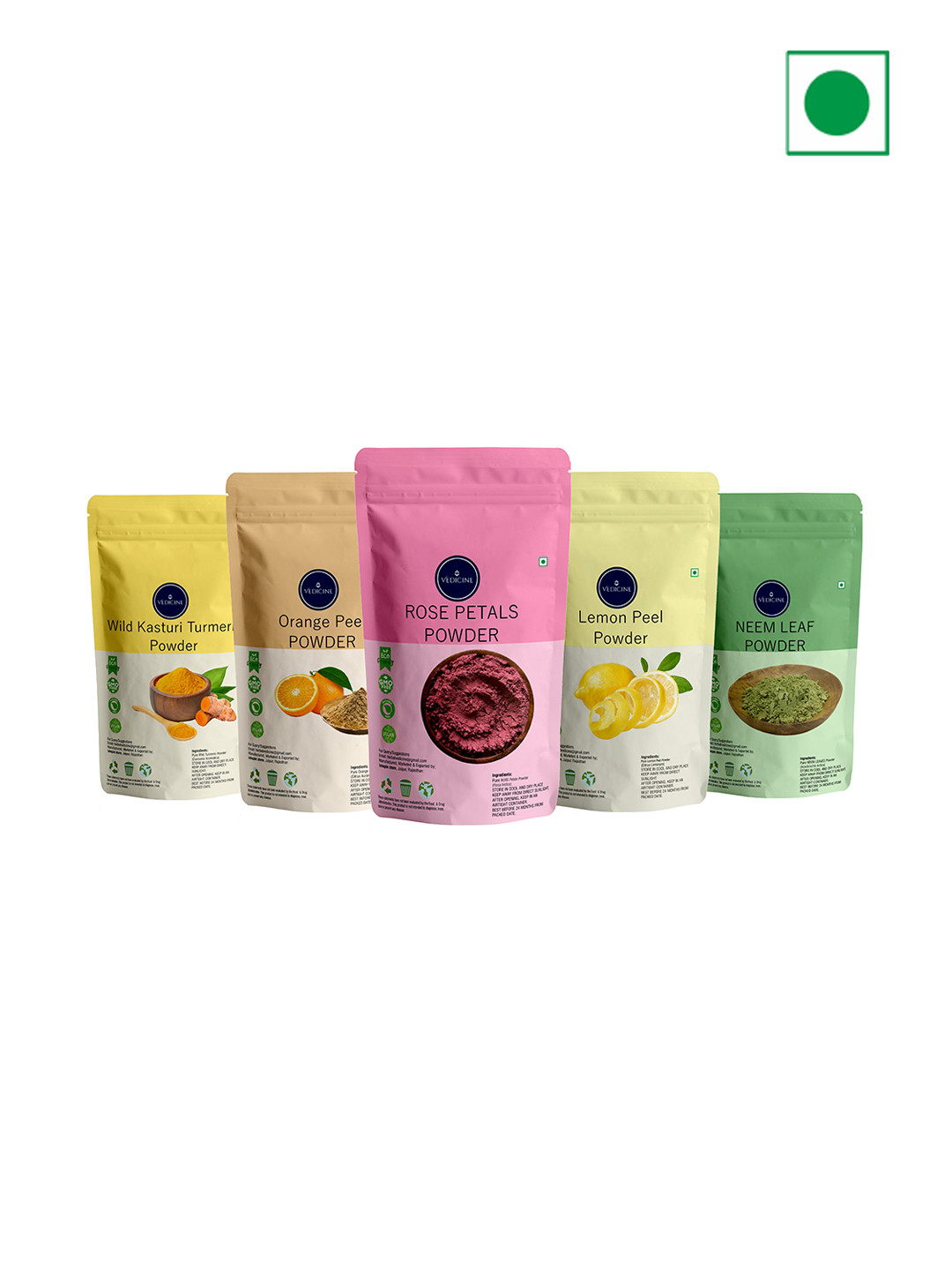 VEDICINE Set Of 5 Turmeric Orange Rose Petal Lemon Neem Leaf Power Face Pack 50 g Each
