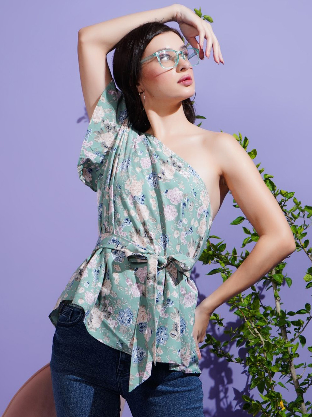 Boholyfe Women Green Floral Printed One Shoulder Crepe Top