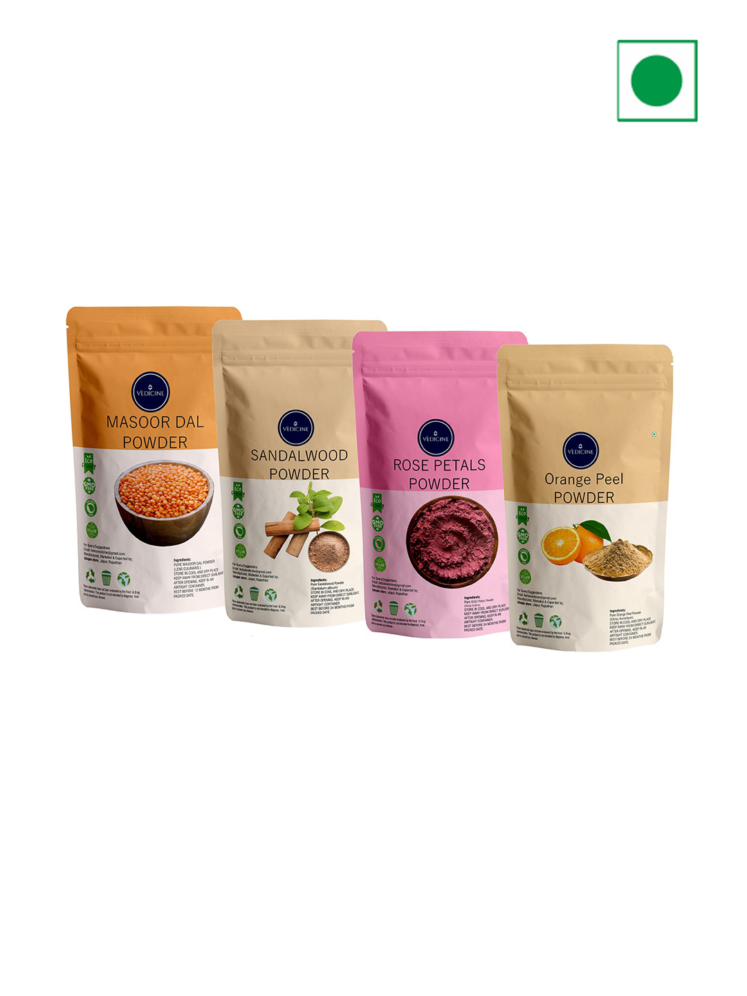VEDICINE Set Of 4 Masoor Sandalwood Rose Petal Orange Powder Face Mask- 100gm each
