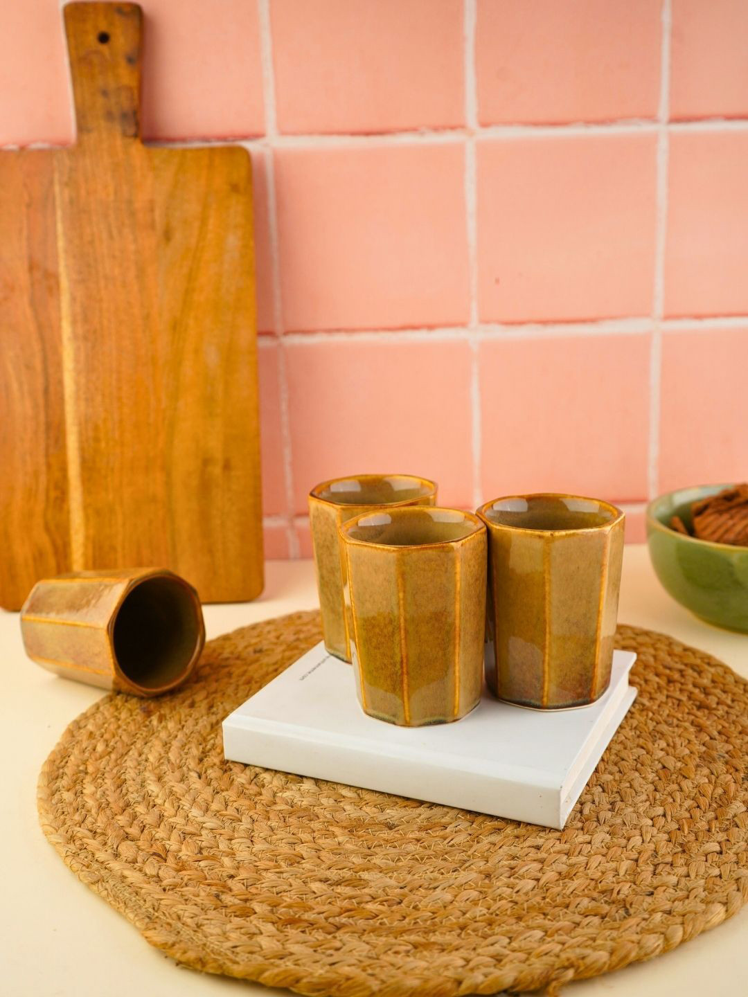 WEAVING HOMES Mustard Textured Ceramic Microwave Safe 4 Piece Kulladhs-130ml