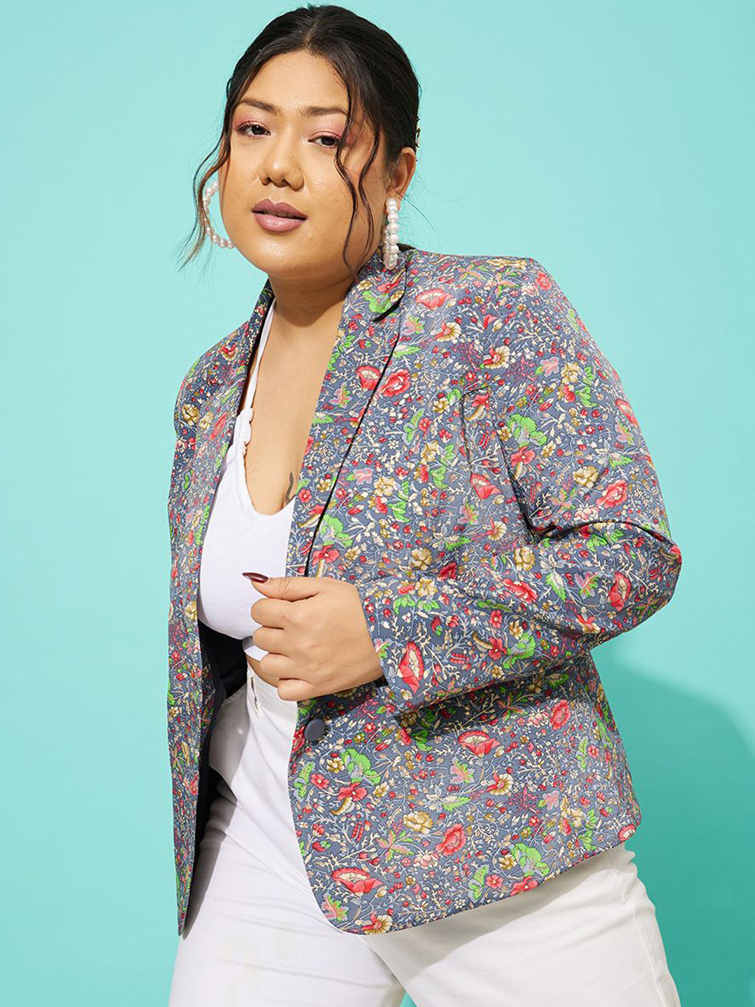 QUIERO MAS Luna Plus Size Tailored Fit Printed Notched Lapel Collar Single Breasted Blazer