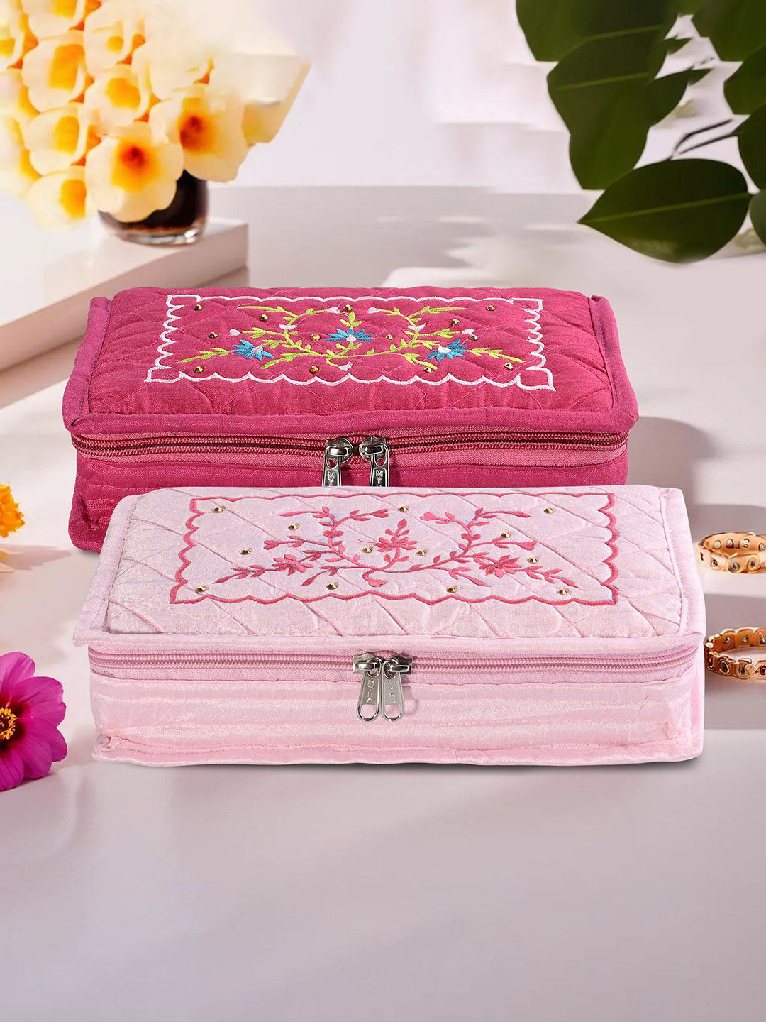 Kuber Industries Pink 2 Pieces Self Design Embroidery 7 Compartment  Jewellery Organiser