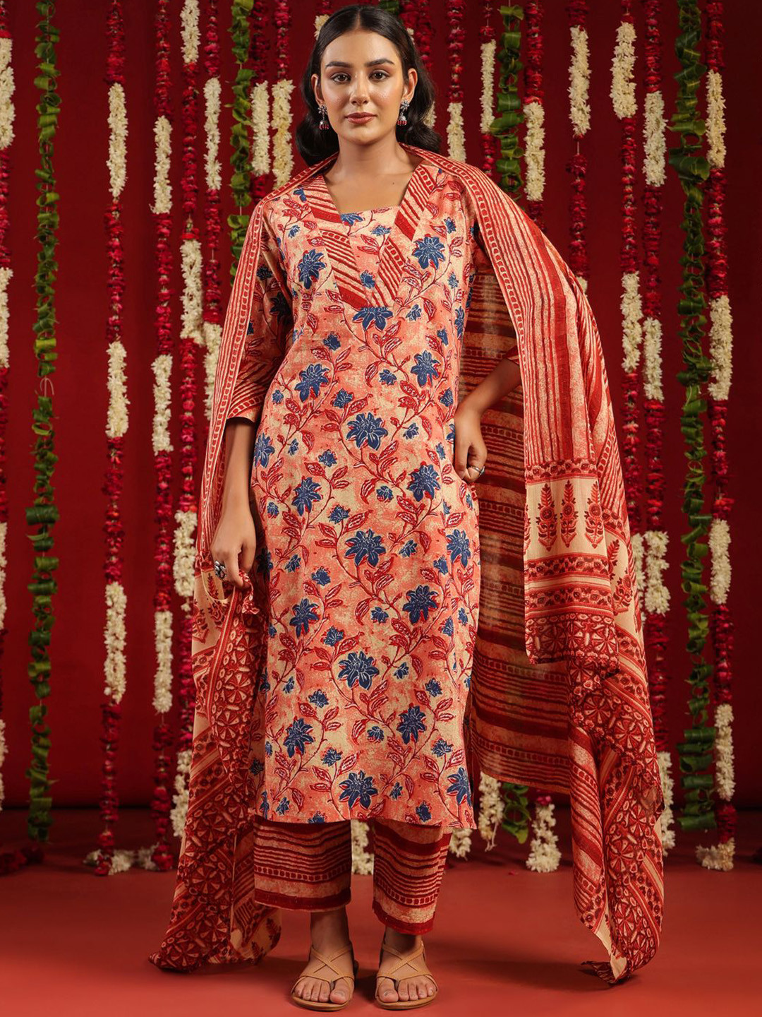 anayna Red & Blue Floral Printed V-Neck Pure Cotton Kurta with Trousers & Dupatta