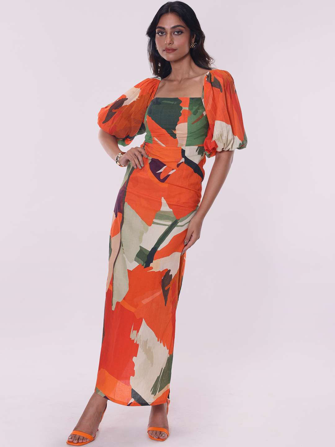 POPPI Women Square Neck Abstract Printed Maxi Dress