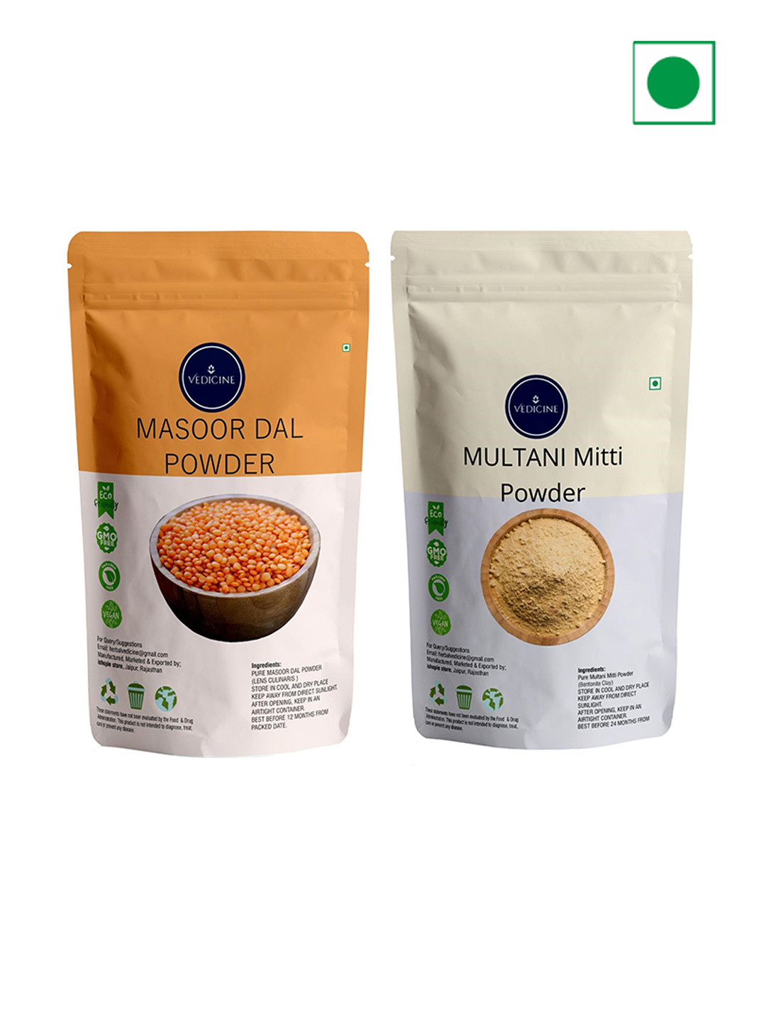 VEDICINE Set Of 2 Multani Mitti & Masoor Powde Facer Pack- 100g Each