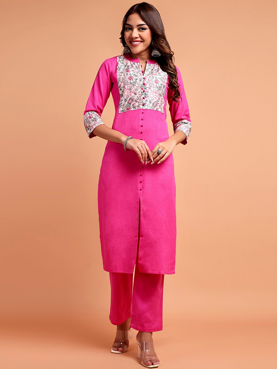 Vastara the Label Floral Yoke Design Panelled Kurta With Trousers
