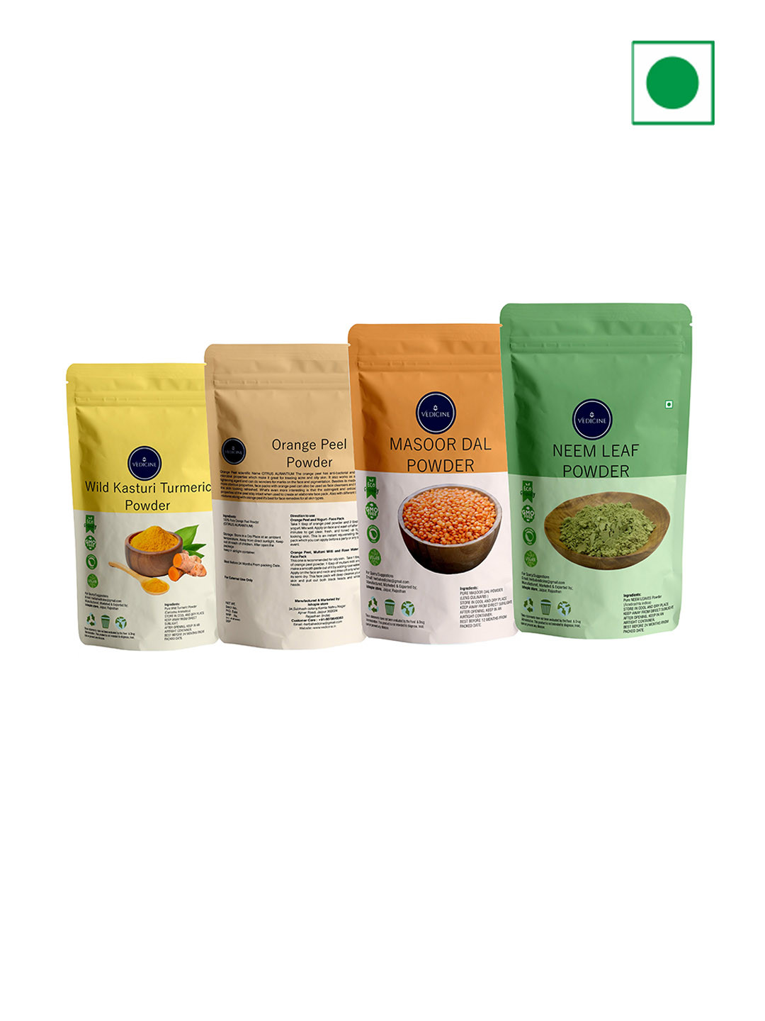 VEDICINE Set Of 4 Wild Turmeric Orange Masoor Neem Leaf Power Face Pack 100 g Each