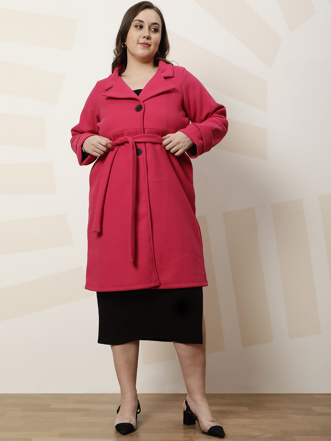 Athena Ample Plus Size Solid Notched Lapel Longline Overcoat With Tie Up Waist