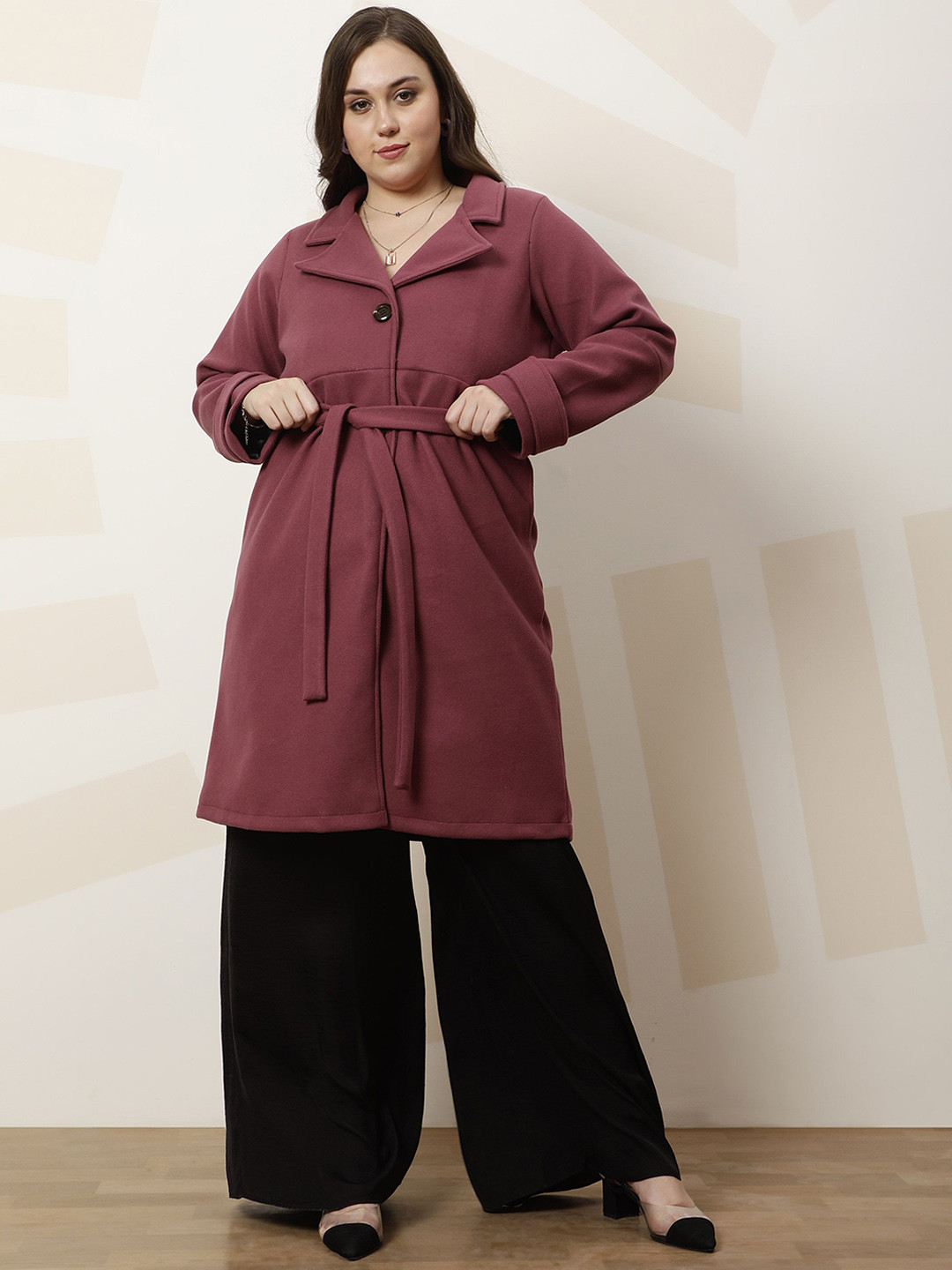 Athena Ample Plus Size Solid Notched Lapel Longline Overcoat With Tie Up Waist