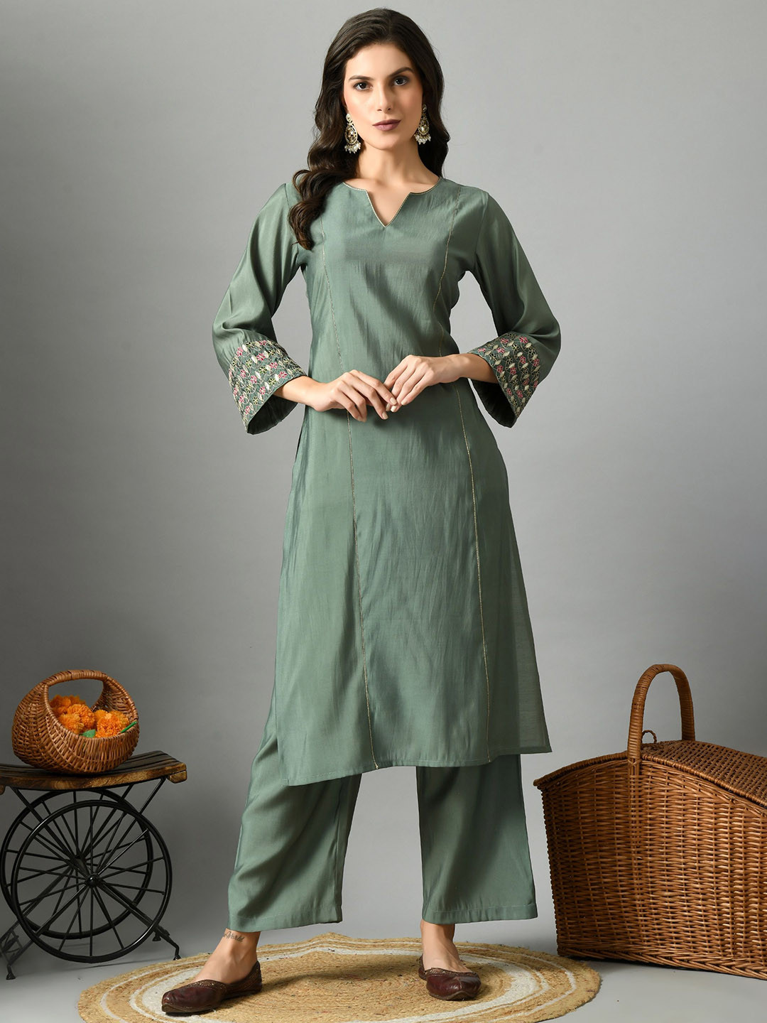 Sangria Teal Green Embroidered Notch Neck Pure Cotton Straight Kurta With Palazzos