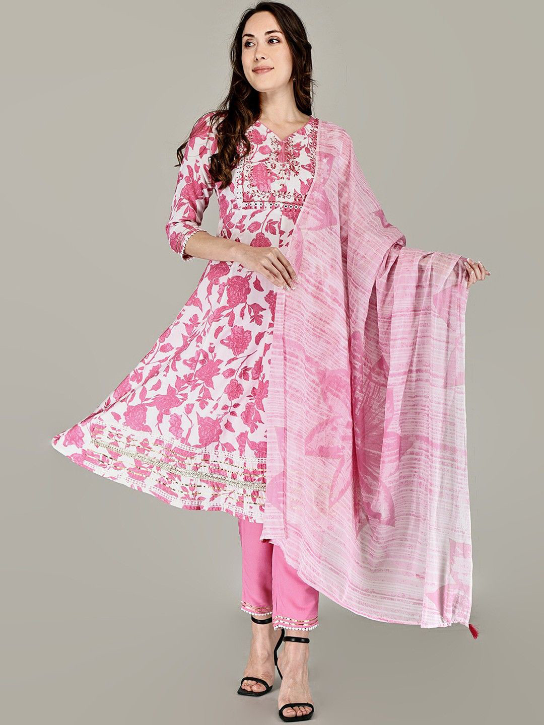 Parth Fab Floral Printed V-Neck Mirror Work Anarkali Kurta with Trousers & Dupatta