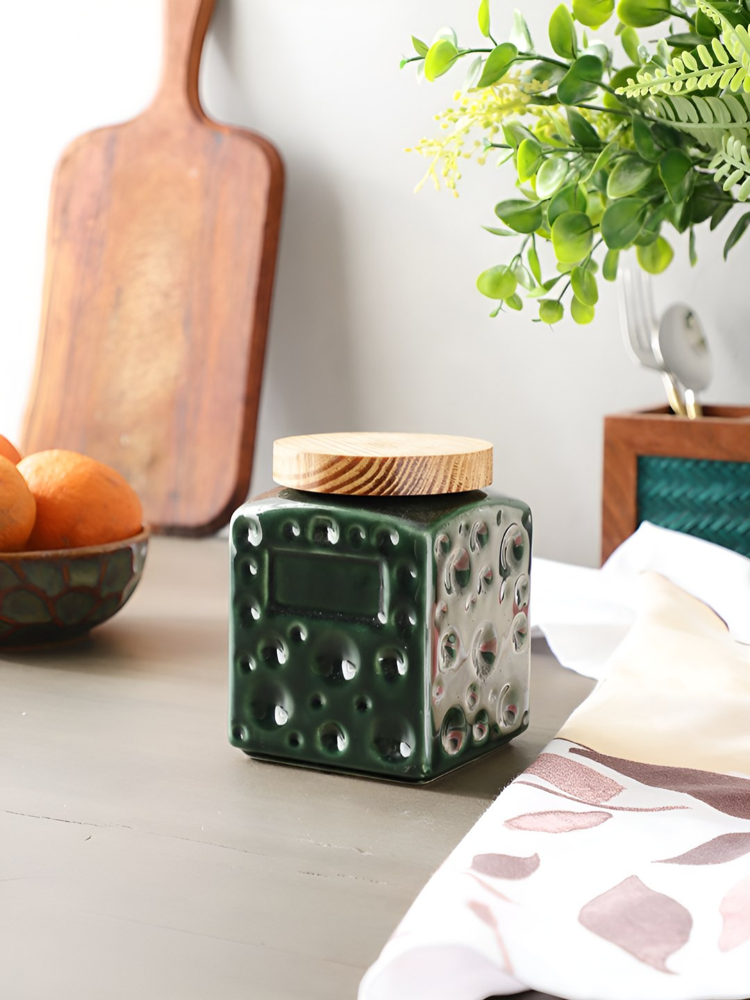 The Decor Mantra Green Striped Ceramic Air Tight Screw Top Canister-800ml