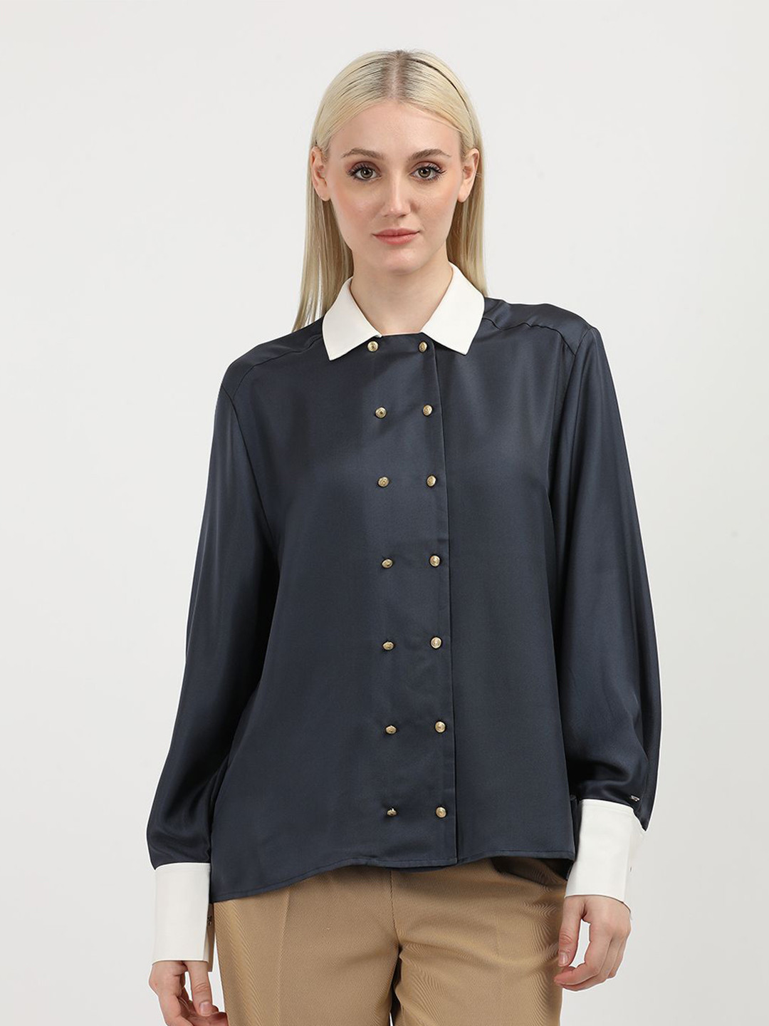 Tommy Hilfiger Women Spread Collar Solid Silk Casual Shirt