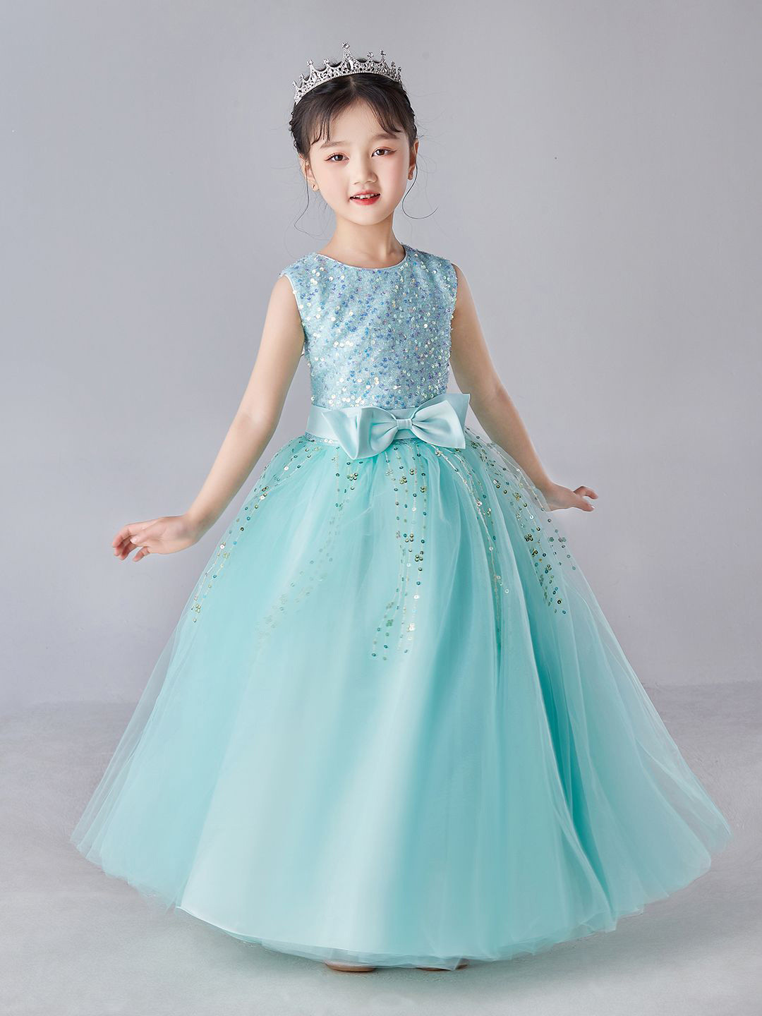 JC SPARKLE Girl Round Neck Bow Detailed Flared Maxi Dress